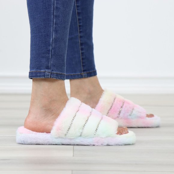 Tie Dye Puff Fuzzy Fluffy Slip On Plush Slippers Diamond Accents - Picture 7 of 15